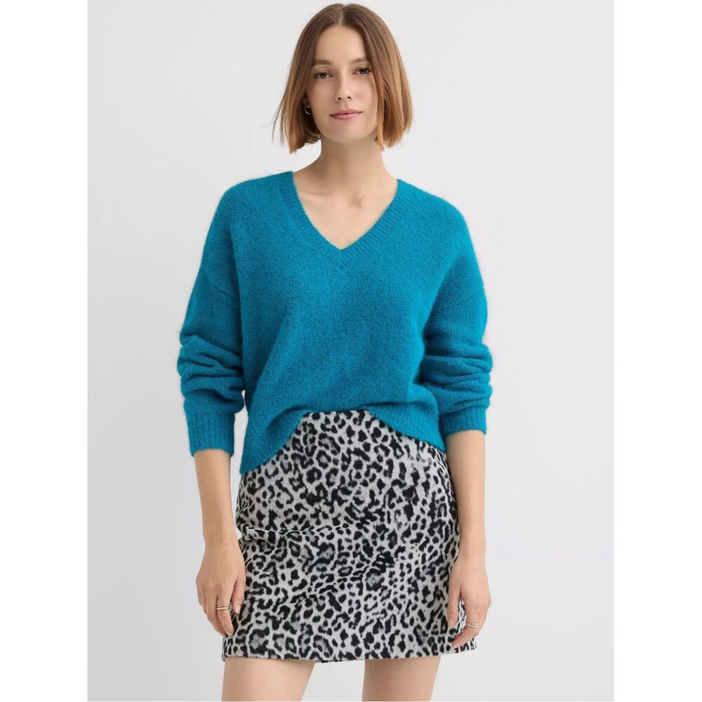 LOFT Ribtrim Relaxed V-Neck Knit Sweater Ocean Depths Blue Sz M